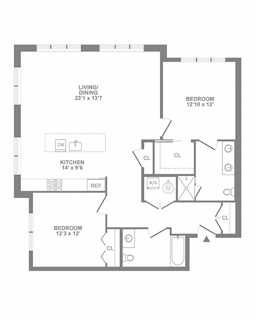 Floor plan for 2 beds, 2 baths, 1267 sqft